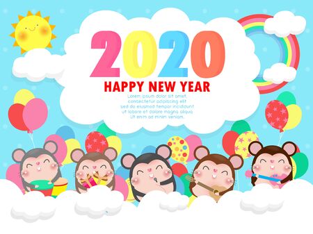 Happy new year 2020 greeting card with cute little mouse play musical and dance. Merry Christmas Symbol, flyers, posters, banners and calendar. Isolated on white background vector illustrationのイラスト素材