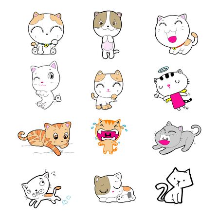 set of cartoon cute cats. doodle cats with different emotions. Cat handmade. Isolated cat for design. vector illustrationのイラスト素材