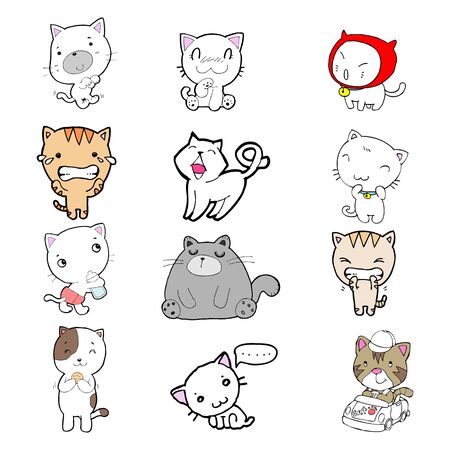 set of cartoon cute cats. doodle cats with different emotions. Cat handmade. Isolated cat for design. vector illustrationのイラスト素材