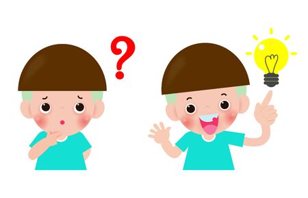 kids thinking idea, cute children character, posing question and inspiration isolated on white background vector illustrationのイラスト素材