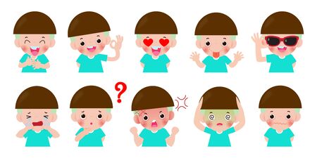 set Cartoon character kids with different emotions, child expression and poses, doing different activities isolated on white background vector illustrations.のイラスト素材