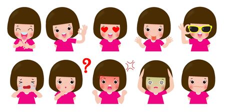 set Cartoon character kids with different emotions, child expression and poses, doing different activities isolated on white background vector illustrations.のイラスト素材
