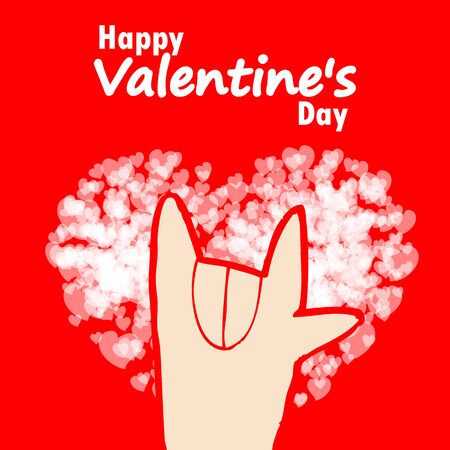 Happy Valentine's day greeting card with Hand symbol showing Love, poster of hearts Isolated on red background Vector illustration.のイラスト素材