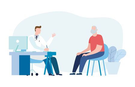 Medicine concept with a doctor and old patient in hospital medical office. Consultation and diagnosis. Vector illustration flat styleのイラスト素材