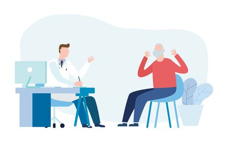 Medicine concept with psychiatrist doctor and old patient. Practitioner doctor and senior man patient in hospital medical office. Consultation and diagnosis of mental health. Vector illustration flatのイラスト素材