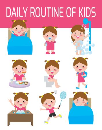 daily routine of happy kids. infographic element. Health and hygiene, daily routines for children, Vector Illustration.のイラスト素材