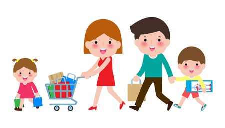 Happy family shopping, parents and children with purchases on cart, Big sale. Purchasing of goods and gifts. Shopping concept.Vector illustrationのイラスト素材