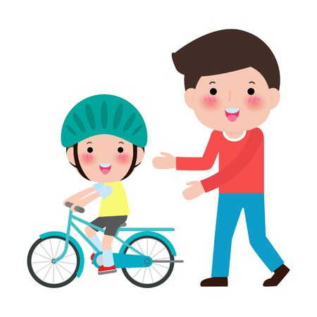 father teaches son to ride a bike. kid learns to ride bicycle. Parenting concept The first bike. Vector illustration isolated on white background.のイラスト素材
