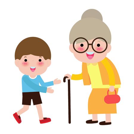 Happy Family Grandmother and grandson, Children Volunteer helping grandmother walking, concept Elderly care, caregiver helping senior  woman portrait vector character illustration.のイラスト素材
