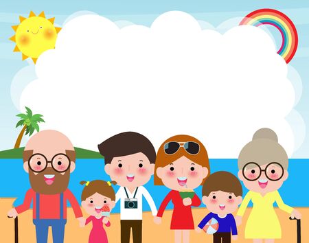Happy big family at the beach.family on summer vacation going to the beach and having the sea. Parents and children cartoon characters isolated vector illustration on summer background.のイラスト素材