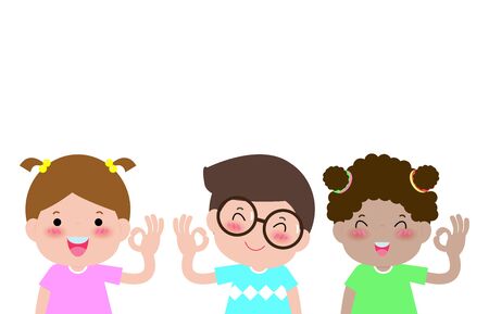 Happy kids boy and girl shows hand okay sign Isolated on white background Vector illustrationのイラスト素材