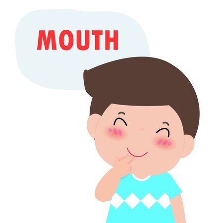 Children boy Pointing to and Saying "mouth" as Part of Naming Body or Face Parts Series for kid isolated vector Illustrationのイラスト素材