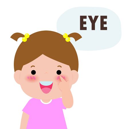 Children girl Pointing to and Saying "eye" as Part of Naming Body or Face Parts Series for kid isolated vector Illustration.のイラスト素材