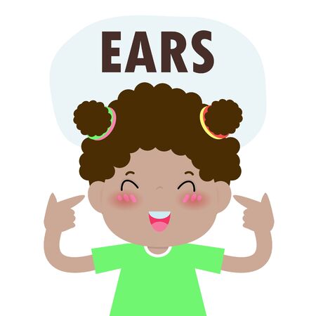 Children girl Pointing to and Saying "ears" as Part of Naming Body or Face Parts Series for kid isolated vector Illustrationのイラスト素材
