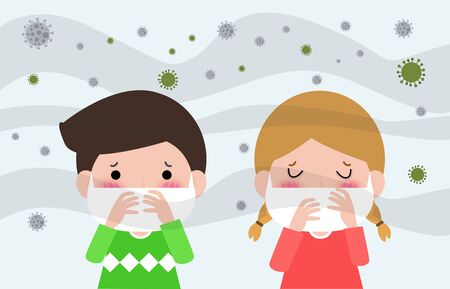 kids in masks because of fine dust PM 2.5, boy and girl wearing mask against smog. Fine dust, air pollution, industrial smog protection concept flat style design vector illustration.のイラスト素材