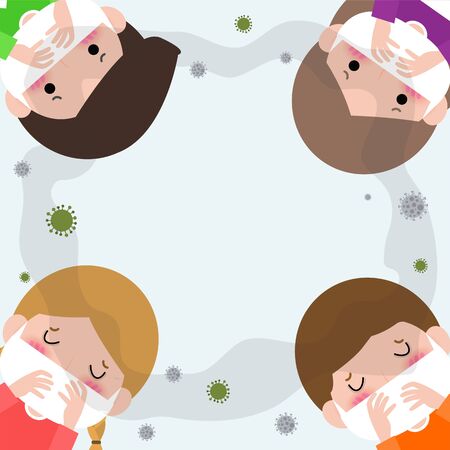 kids in masks because of fine dust PM 2.5, boy and girl wearing mask against smog. Fine dust, air pollution, industrial smog protection concept flat style design vector illustration.のイラスト素材