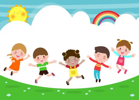 Happy children jumping and dancing on the park, kids activities,  children playing in playground, Template for advertising brochure,your text, flat Funny cartoon character,design Vector Illustrationのイラスト素材