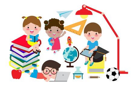 Set of school kids in education concept, back to school template with children, kids summer camp, back to school vector illustration isolated on white background.のイラスト素材
