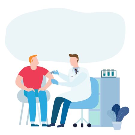 People vaccination concept for immunity health. Doctor pediatrician makes an injection of flu vaccine to a People in hospital. Healthcare, medical treatment, prevention and immunize.のイラスト素材