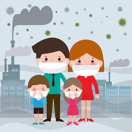 family in masks because of fine dust PM 2.5, man and woman and child,wearing mask against smog. Fine dust, air pollution, industrial smog protection concept flat style design vector illustration.のイラスト素材