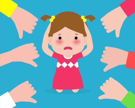 Depressed children sitting on floor and other kids pointing and laughing. Bullying at school. kid in shame and hands with thumbs down. isolated on background vector illustrationのイラスト素材
