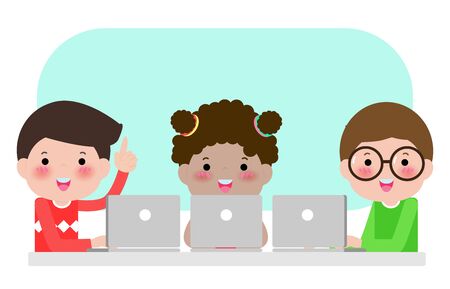 Pupils study in the classroom with laptop and tablet pc, Happy children sitting at laptops and learning school lesson, Kids using gadgets during lesson at primary school. Vector illustrationのイラスト素材