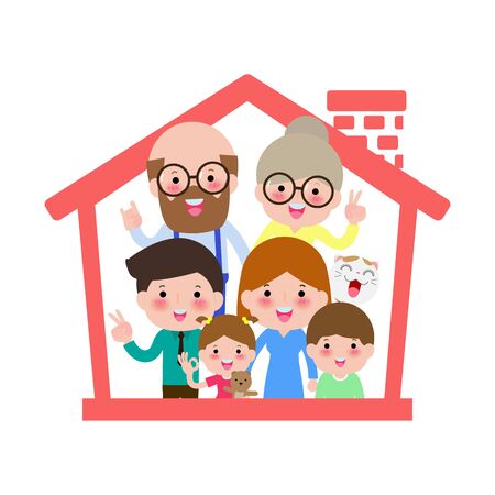 concept housing a big family. Mother father and child and grandfather a and grandmother in new house with a roof. design vector illustrations isolated on white backgroundのイラスト素材