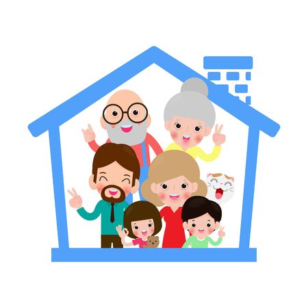 concept housing a big family. Mother father and child and grandfather a and grandmother in new house with a roof. design vector illustrations isolated on white backgroundのイラスト素材