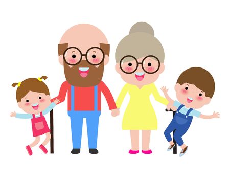 grandparents with children, grandson and granddaughter portrait, Happy grandparents with grandchildren vector illustration isolated on white backgroundのイラスト素材