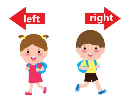 Opposite left and right, Girl on the left and boy on the right on white background,sign left and right illustration vectorのイラスト素材