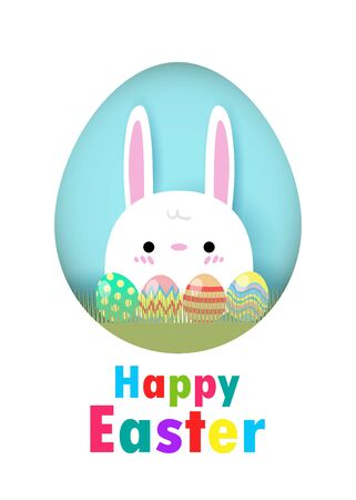 Happy Easter Rabbit Bunny greeting card on blue sky background. Easter banner template, Paper cut and craft style. Origami Vector illustration.のイラスト素材
