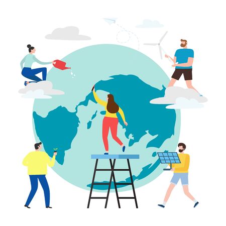 small people prepare for the day of the Earth, save the planet, save the world, Earth day,ecology concept vector illustration isolated on backgroundのイラスト素材