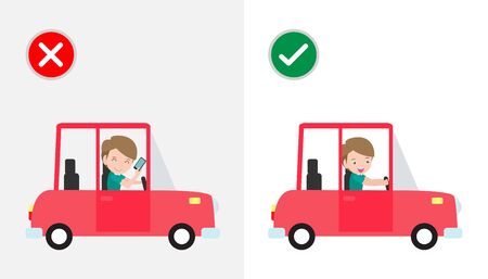 No texting ,No talking, Right and wrong ways riding to prevent car crashes. No driving and phone using sign isolated on white background vector illustrationのイラスト素材