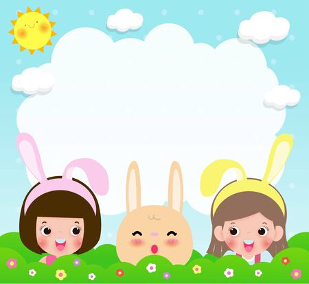 Happy Easter greeting card. Rabbit Bunny with cute girl banner template isolated on Background vector illustrationのイラスト素材