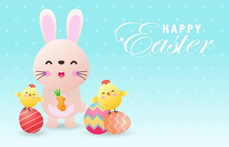 Happy Easter day poster. Rabbit Bunny and cute chicks Easter egg greeting card. banner template isolated on Background vector illustrationのイラスト素材