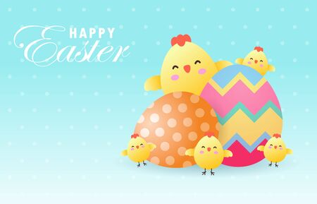 Happy Easter day poster. cute chicks and Easter egg greeting card. banner template isolated on Background vector illustrationのイラスト素材