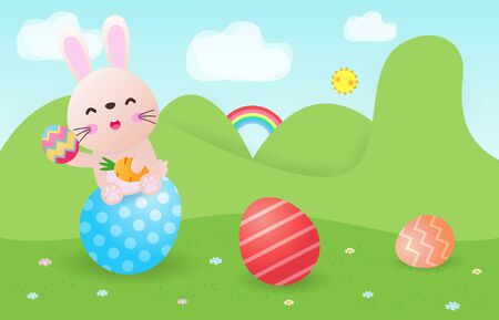 Happy Easter day poster. Rabbit Bunny and Easter egg greeting card. banner template isolated on Background vector illustrationのイラスト素材