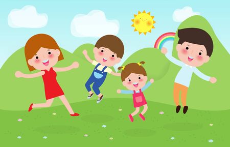 Happy family jumping on mountain landscape background. Father, mother and children are traveling to nature. holidays Isolated vector illustration cartoon styleのイラスト素材
