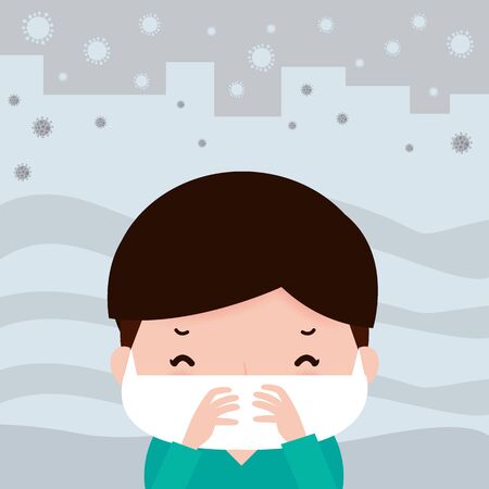 kids in masks because of fine dust PM 2.5, boy and girl wearing mask against smog. Fine dust, air pollution, industrial smog protection concept flat style design vector illustrationのイラスト素材