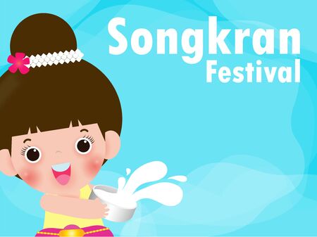 Songkran Festival, Thailand travel concept, kids enjoy splashing water in Songkran festival, Thailand Traditional New Year's Day Vector Illustrationのイラスト素材