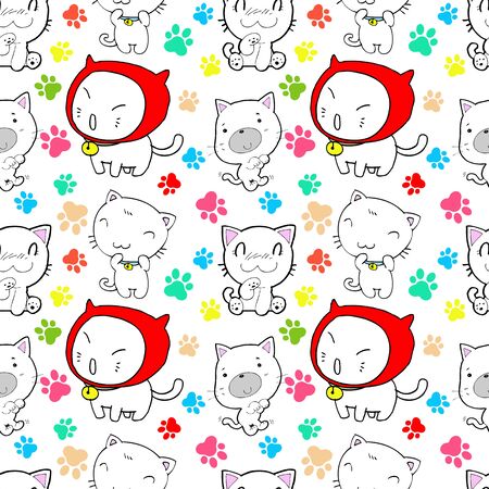 Seamless Pattern with hand drawn cute and kawaii cats on a white background Cartoon Animals Illustration vector print children print on t-shirtのイラスト素材