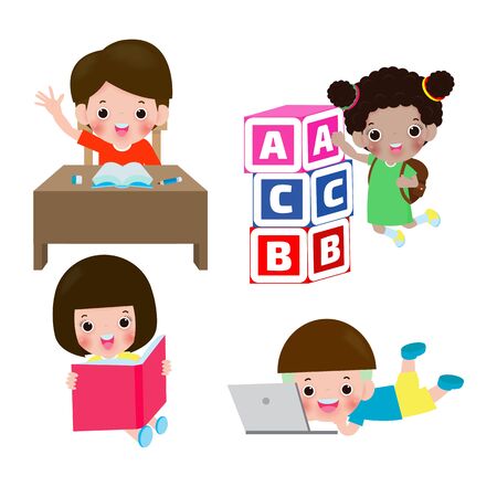 set of kids at school, back to school education concept isolated on Background vector illustrationのイラスト素材