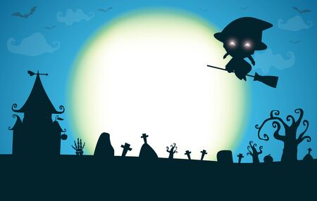 Happy halloween party poster, Cute Little witch silhouette under the moon, halloween banner, halloween trick or Treating background, Template for advertising brochure Vector Illustration.のイラスト素材