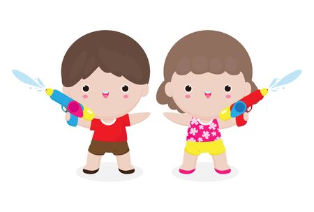 Songkran festival kids holding water gun enjoy splashing water in Songkran festival, Thailand Traditional New Year's Day Vector Illustration Thailand travel concept on white backgroundのイラスト素材