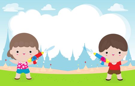 Songkran festival kids holding water gun enjoy splashing water in Songkran festival, Thailand Traditional New Year's Day Vector Illustration Thailand travel conceptのイラスト素材