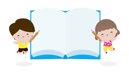 Happy cute kids with book and pencil, Education Concept back to school isolated on background Vector Illustrationのイラスト素材