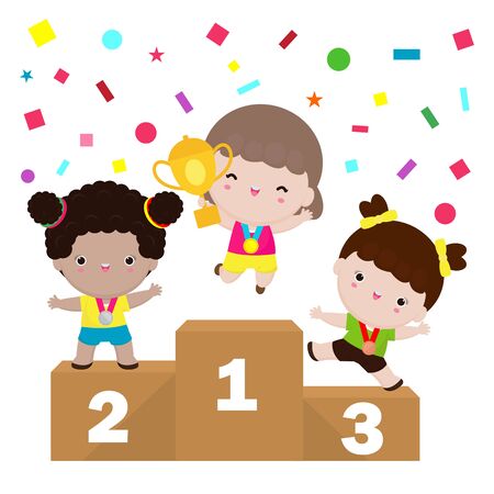 Happy cute kids girls win on podium, Children with medals for victory stand on the sports pedestal isolated on white backgroundのイラスト素材