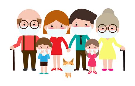 big family wearing protective Medical mask for prevent Covid-19 virus nCoV or coronavirus   concept. isolated on white background vector illustrationのイラスト素材