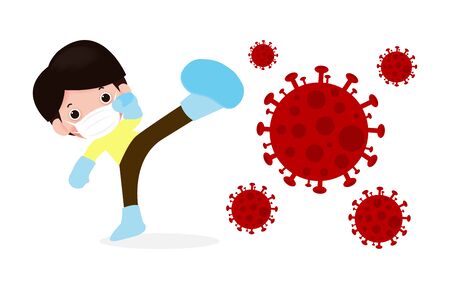Cute kids fight with coronavirus (2019-nCoV), cartoon character children attack COVID-19 ,people and Protection Against Viruses and Bacteria, Healthy lifestyle concept isolated on white backgroundのイラスト素材