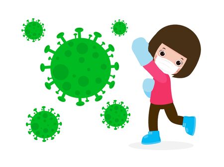 Cute kids fight with coronavirus (2019-nCoV), cartoon character children attack COVID-19 ,people and Protection Against Viruses and Bacteria, Healthy lifestyle concept isolated on white backgroundのイラスト素材